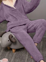 Fuzzy Pajama Set V Neck Top & Pants Women's Sleepwear