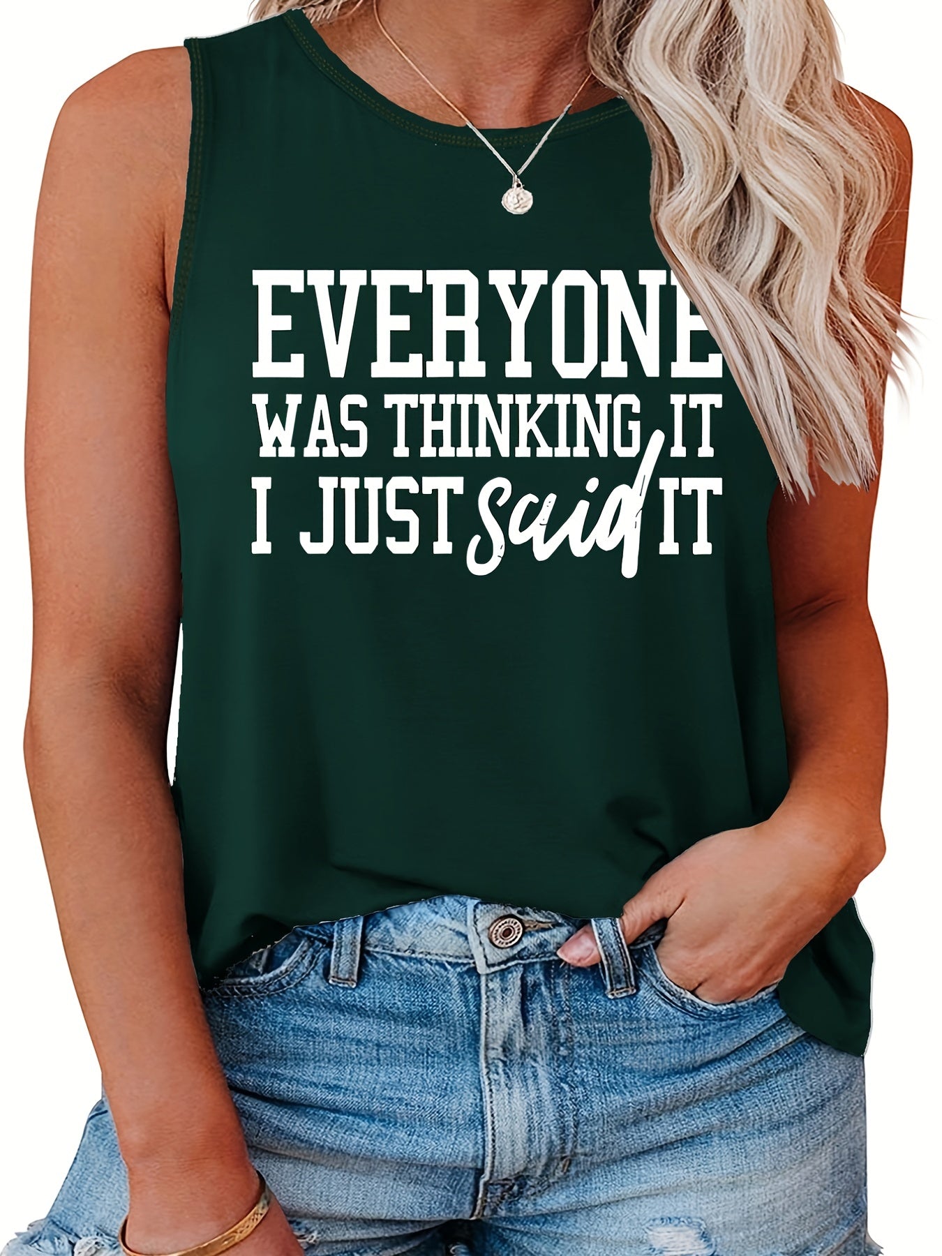 Casual Tank Top Women's Plus Slogan Print Round Neck Tank Top