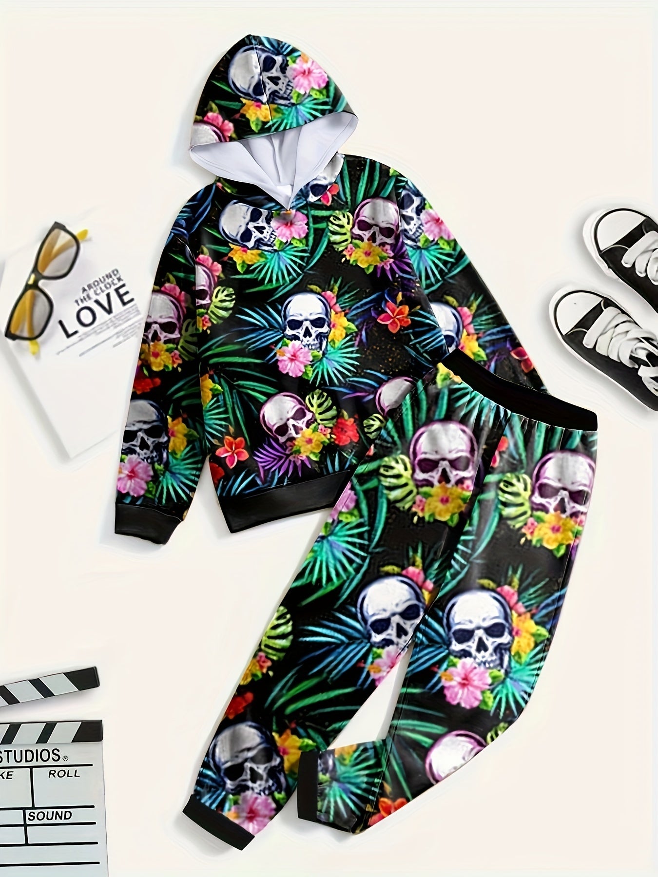 Skull & Flower Graphic Hoodie Jogger Pants Set Kids Halloween Costume