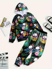 Skull & Flower Graphic Hoodie Jogger Pants Set Kids Halloween Costume