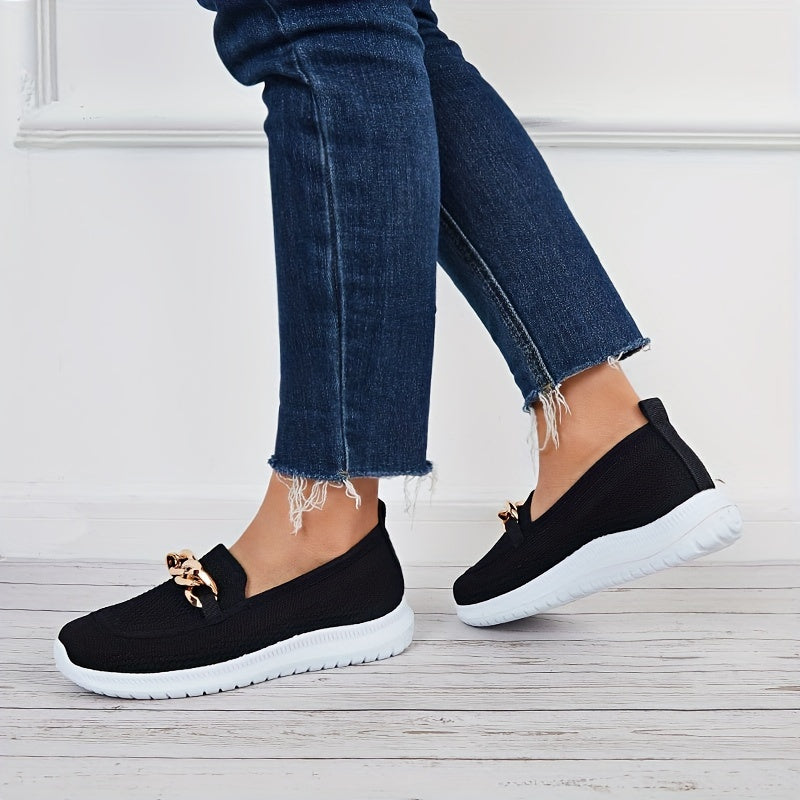 Women's Knitted Sock Sneakers Metallic Chain Slip On Low Top Flat Shoes