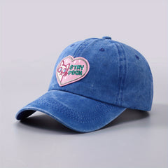 Heart Cat Patch Baseball Cap Embroidery Washed Distressed Cotton Sun Hat