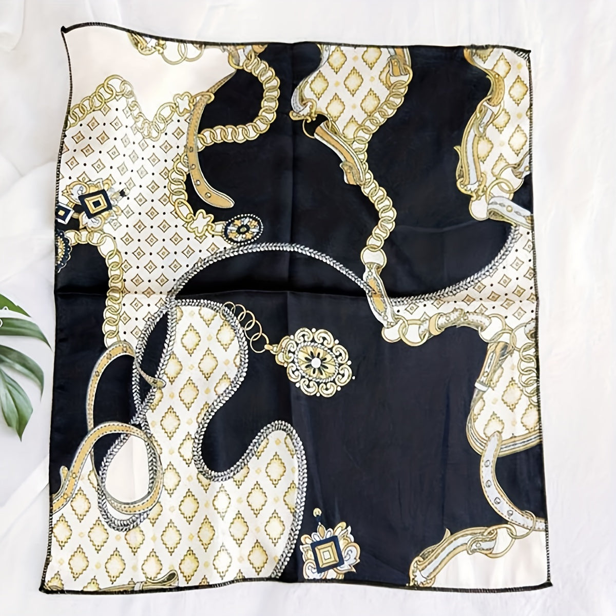 Vintage Chain Print Square Scarf Satin Bandana Silk Head Wrap