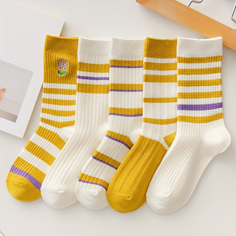 5 Pairs Striped Crew Socks Women's Comfy Breathable Mid Tube Stockings