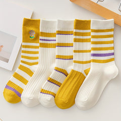 5 Pairs Striped Crew Socks Women's Comfy Breathable Mid Tube Stockings