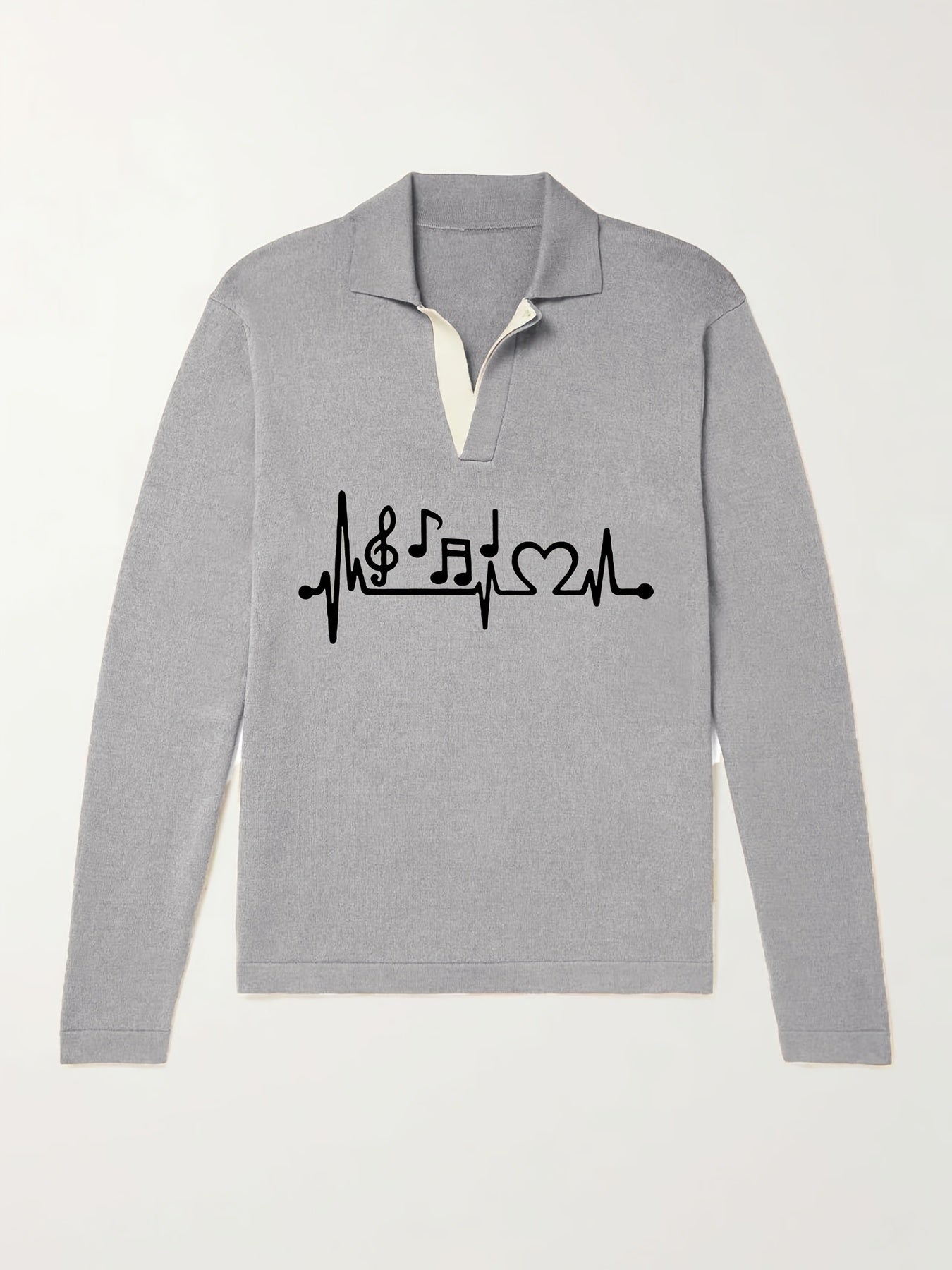 Music Note Pattern Knit Polo Shirt Men's Casual Lapel Pullover Sweater