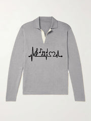Music Note Pattern Knit Polo Shirt Men's Casual Lapel Pullover Sweater