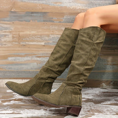Women's V Mouth Slip On Boots Pointed Toe Faux Leather Knight Boots