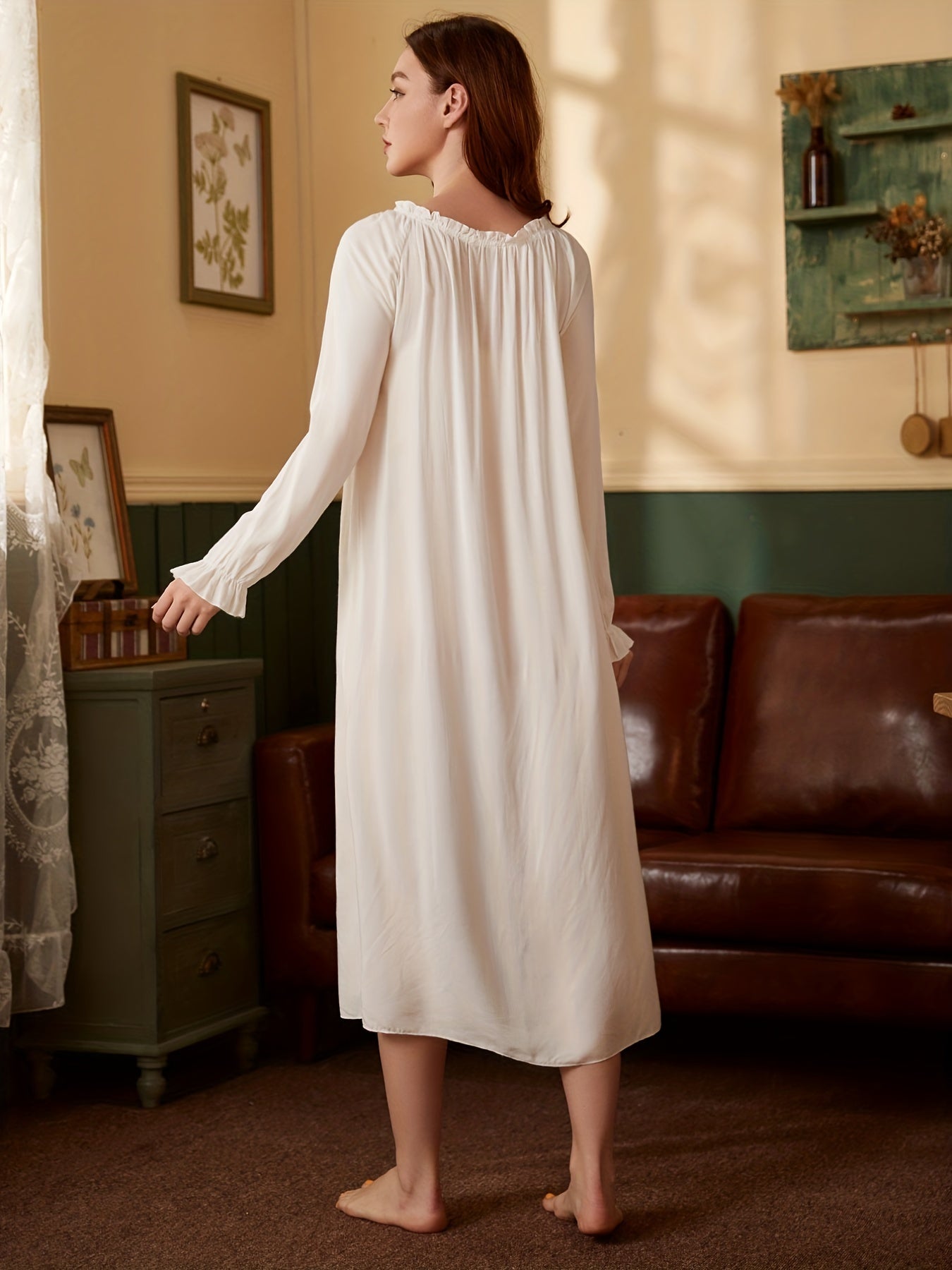 Solid Long Night Dress Court Style Long Sleeve Crew Neck Pajama Dress