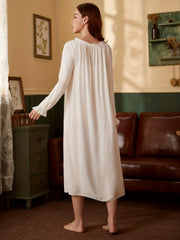 Solid Long Night Dress Court Style Long Sleeve Crew Neck Pajama Dress