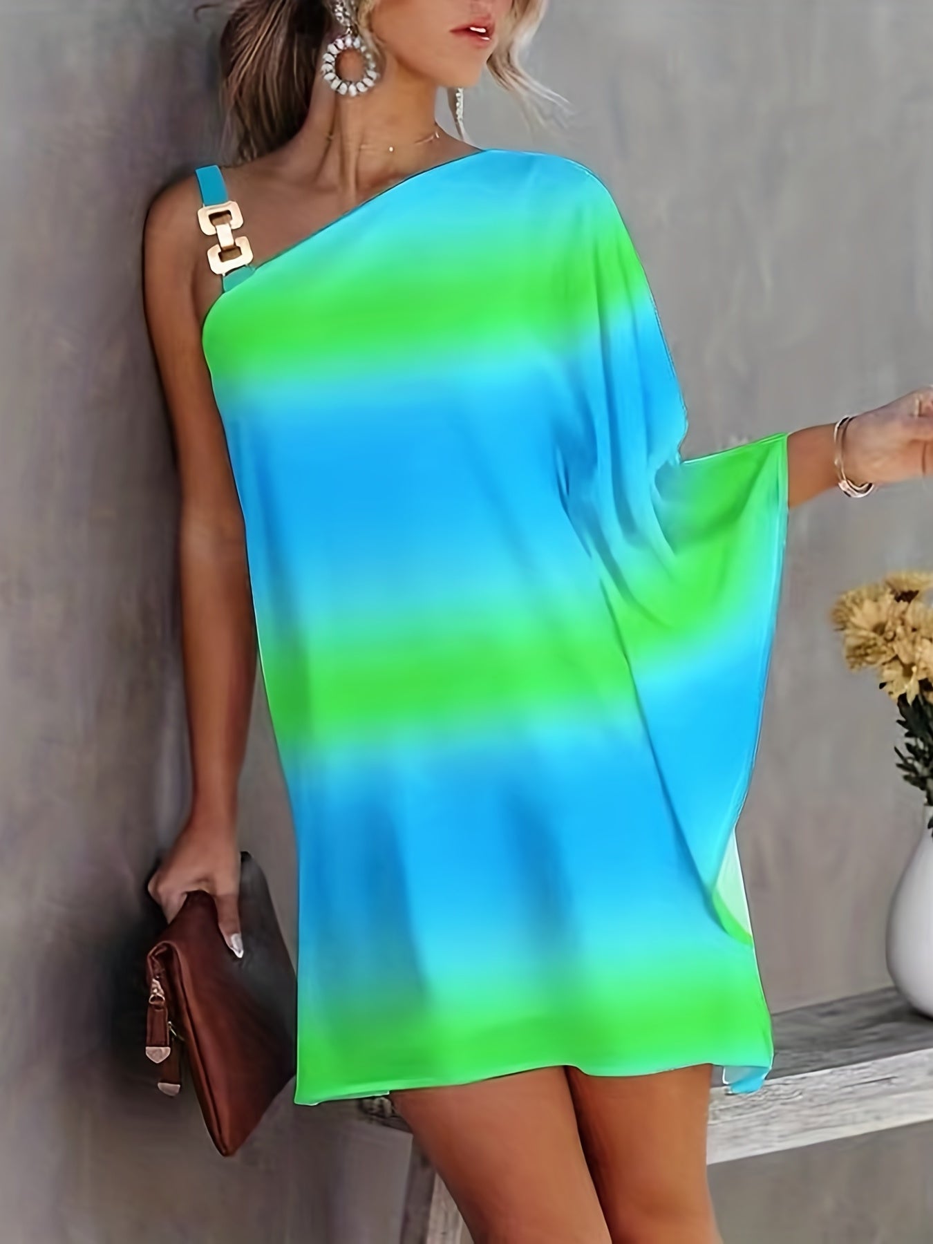 Colorblock One Shoulder Bat Sleeve Chain Dress