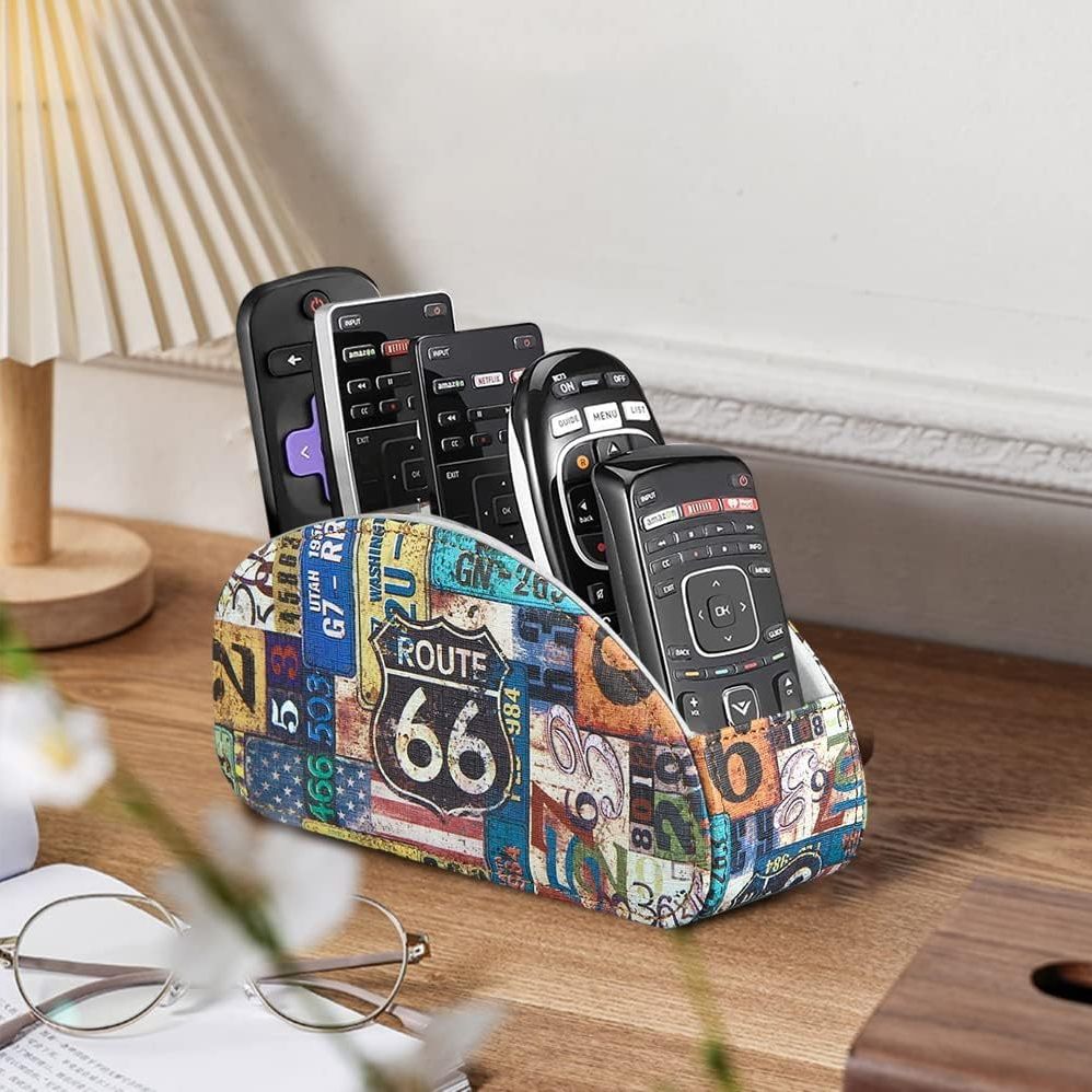 TV Remote Control Holder 5 Compartments PU Leather Remote Caddy Storage Box
