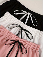 3 Packs Contrast Trim Bow Decor Shorts Elastic Waist Casual Shorts
