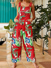 Casual Allover Print Button Detail Square Neck Wide Leg Jumpsuit