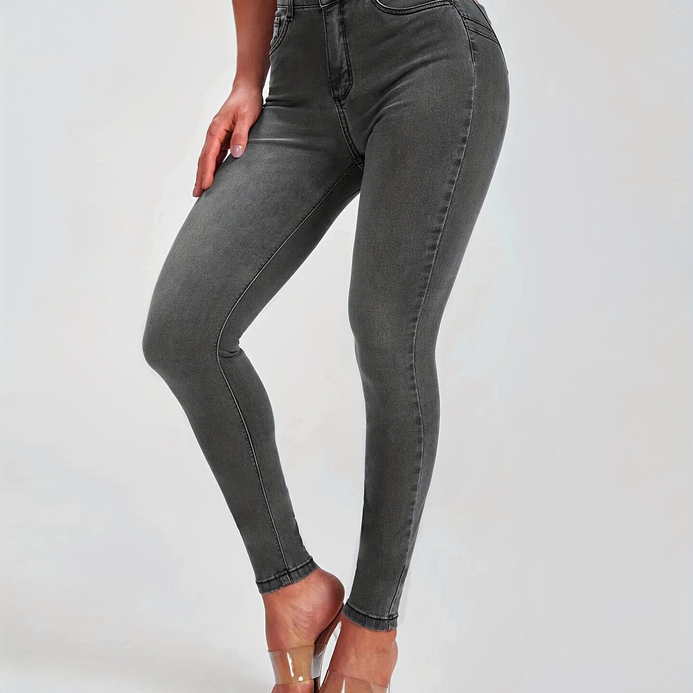 High Rise Stretchy Grey Skinny Jeans Tight Fit Denim Pants Women's Jeans