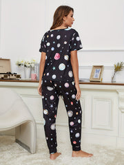 Planet Print Pajama Set Short Sleeve Top & Long Pants Women's Loungewear