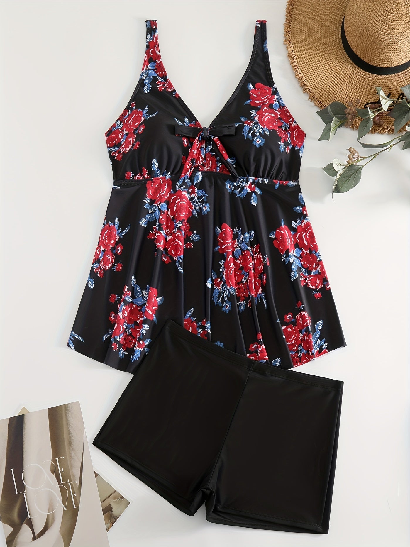 Modest Tankini Set - Floral Print Tie Front Cami Top & Boys
