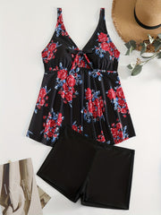 Modest Tankini Set - Floral Print Tie Front Cami Top & Boys