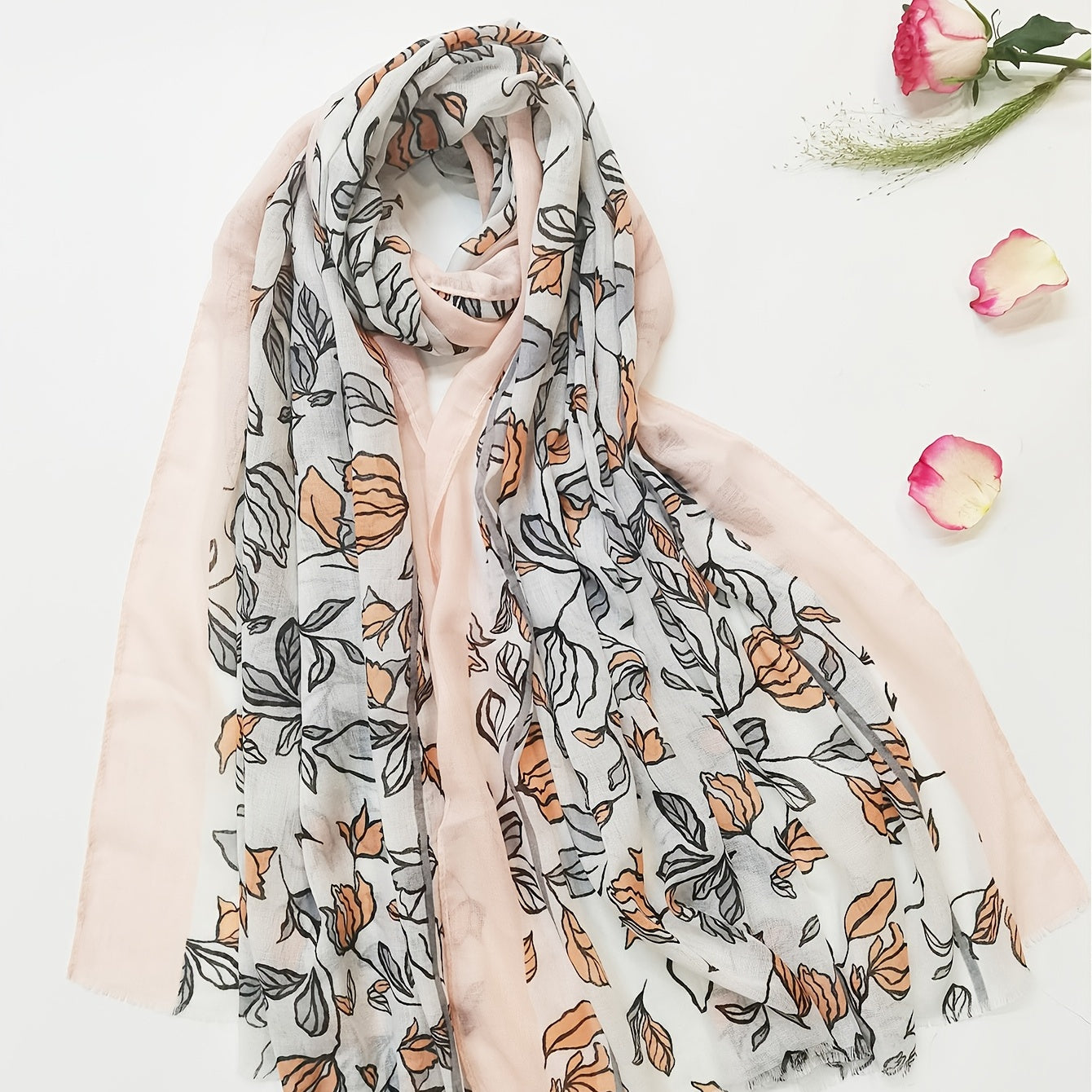 Pink Floral Print Scarf Raw Edge Casual Shawl Warm Wrap Women Accessories