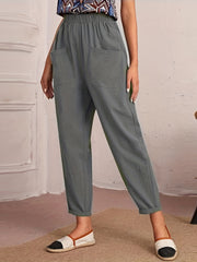 Ruched Elastic Waist Pants Solid Casual Pocket Front Pants