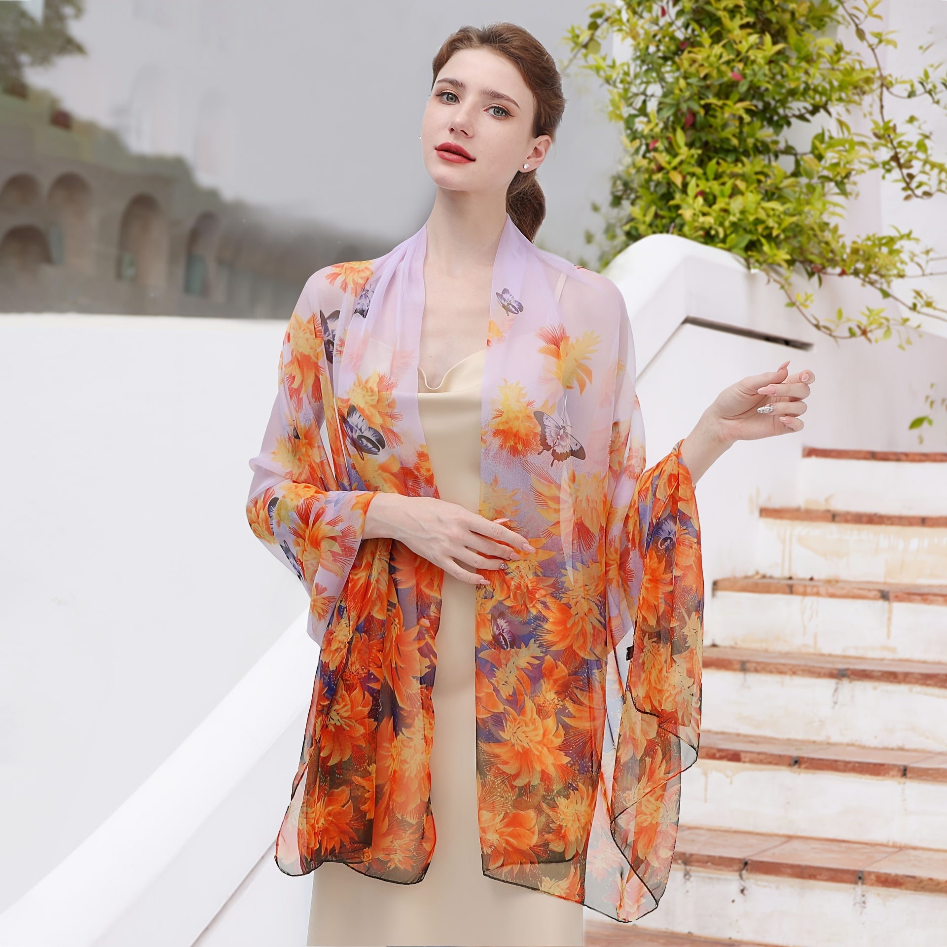 Tropical Floral Printed Silk Scarf Wrap Head Wrap Gift for Mother