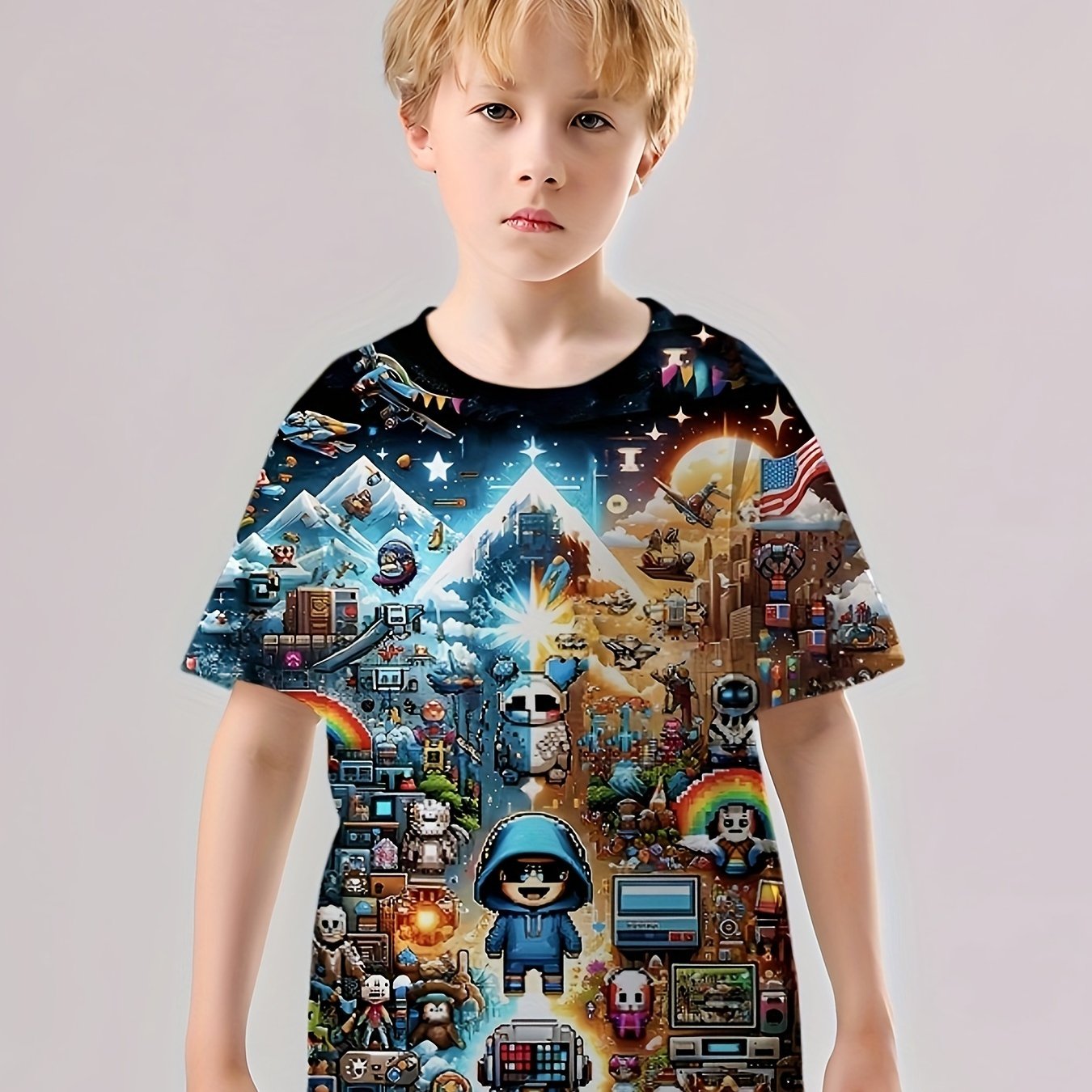 Pixel Cartoon Print Boy's Tees Short Sleeve Crew Neck Comfy T shirt