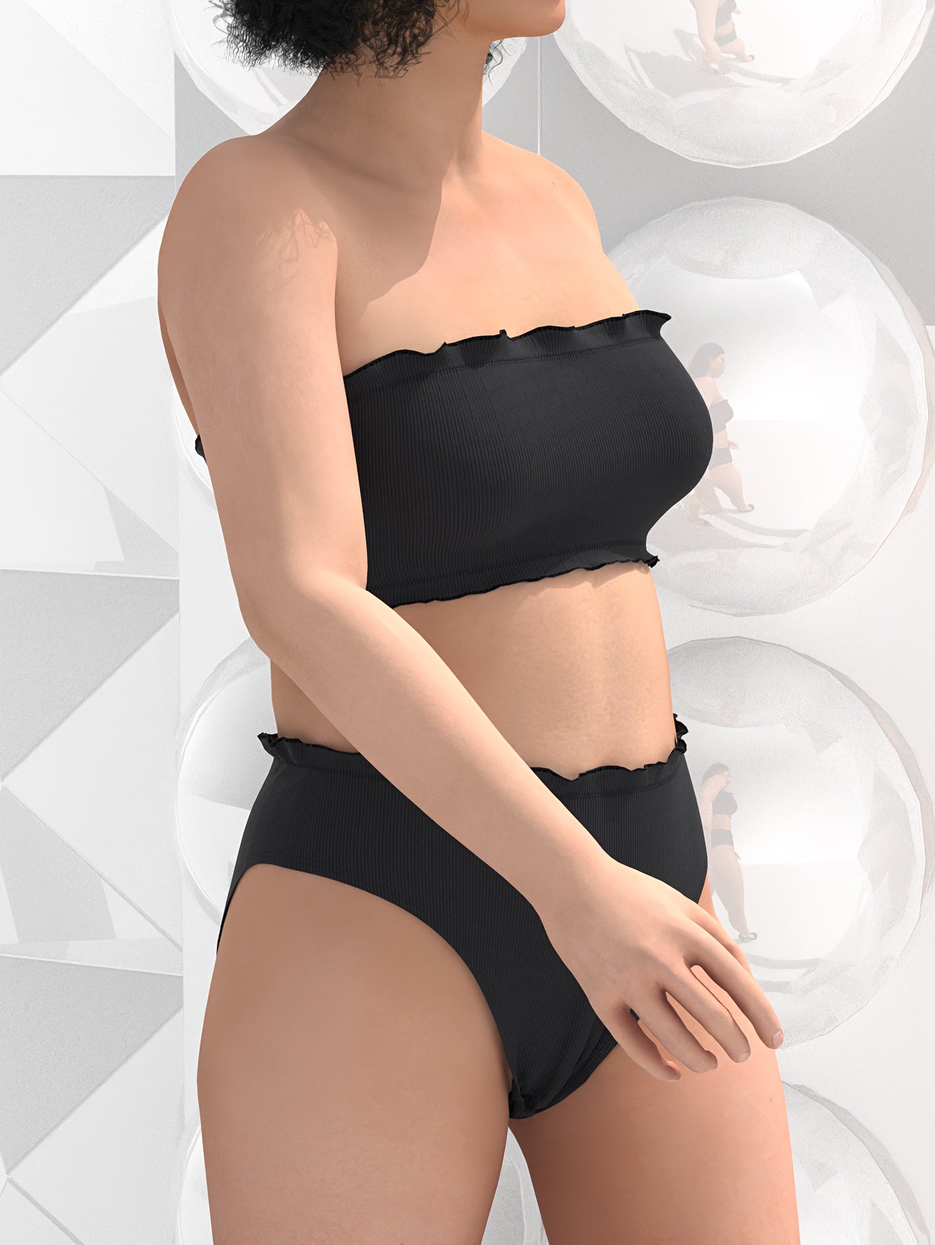 Bikini Set Solid Wave Trim Tube Bra & Panty Swimsuit 2 Piece Set