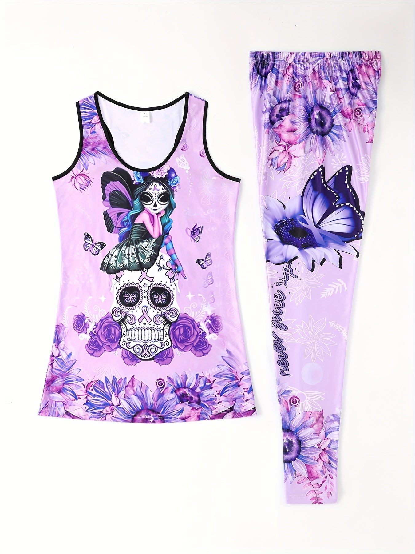 Floral & Skull Print Two piece Set Tank Top & Skinny Pants