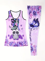 Floral & Skull Print Two piece Set Tank Top & Skinny Pants