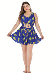 Feather Print Knot Cut Out Round Neck One Piece Swimsuit