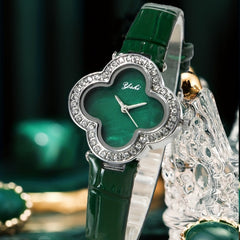 Four Leaf Clover Watch Rhinestone Studded Quartz Wristwatch