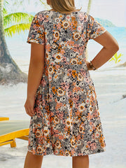 Floral Print Short Sleeve V Neck Stretch Dress