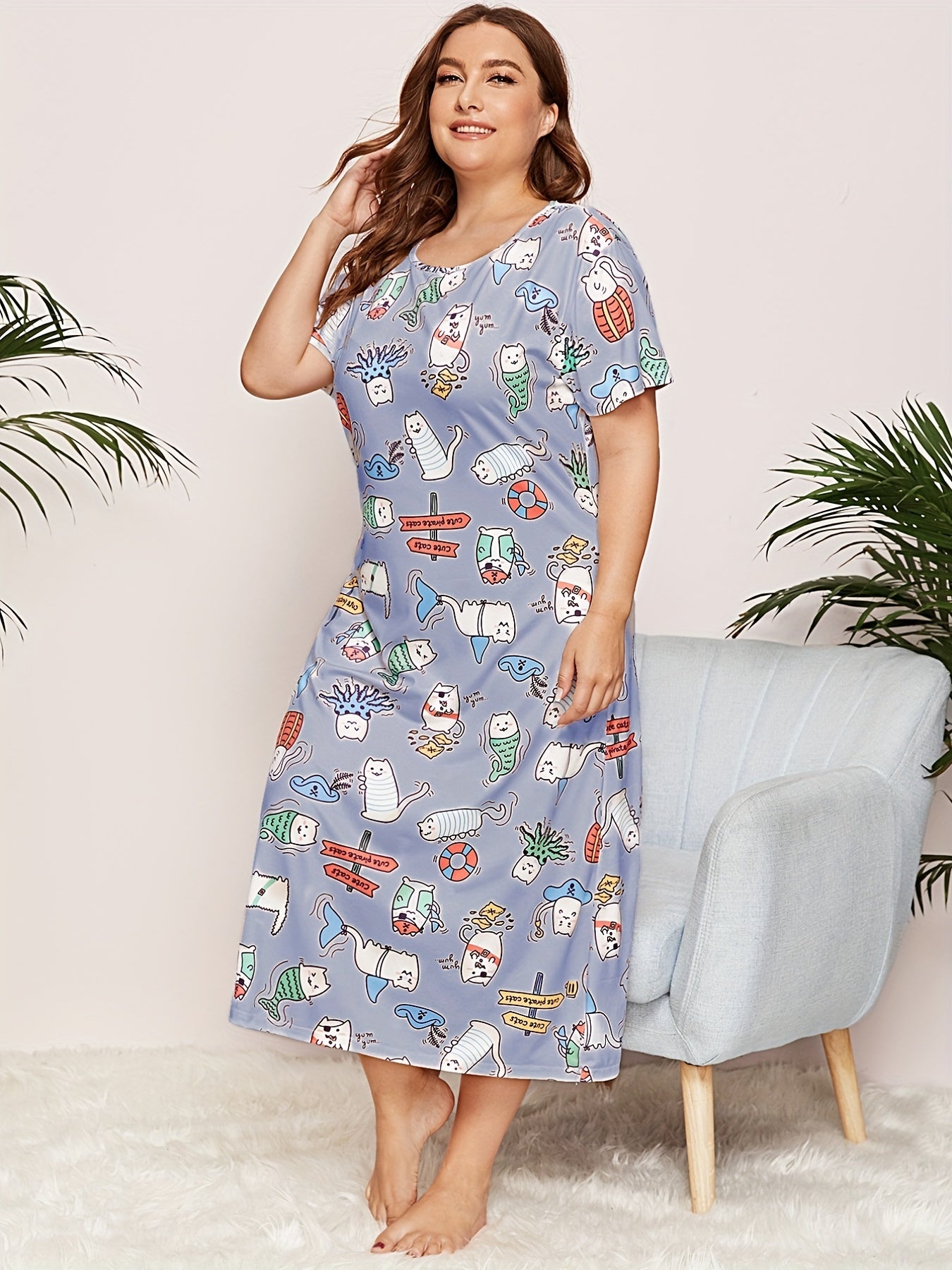 Casual Nightdress Women's Plus Funny Cats Print Short Sleeve