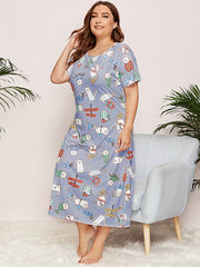 Casual Nightdress Women's Plus Funny Cats Print Short Sleeve