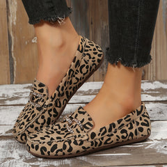 Leopard Print Rhinestone Slip On Round Toe Shoes Lightweight Non Slip