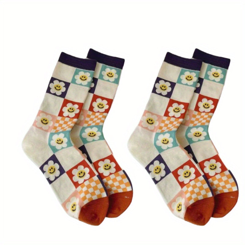 Girls Kids Checkered Small Flower Crew Socks