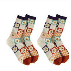 Girls Kids Checkered Small Flower Crew Socks