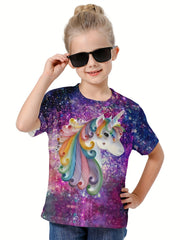 3D Starry Sky & Unicorn Graphic Short Sleeve T-shirt For Girls