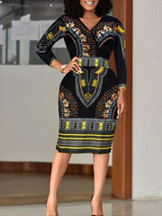 Tribal Print Surplice Neck Bodycon Midi Dress