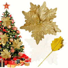 4pcs Christmas Flower Head - 24cm Artificial, Flashing Silvery Gold Brown