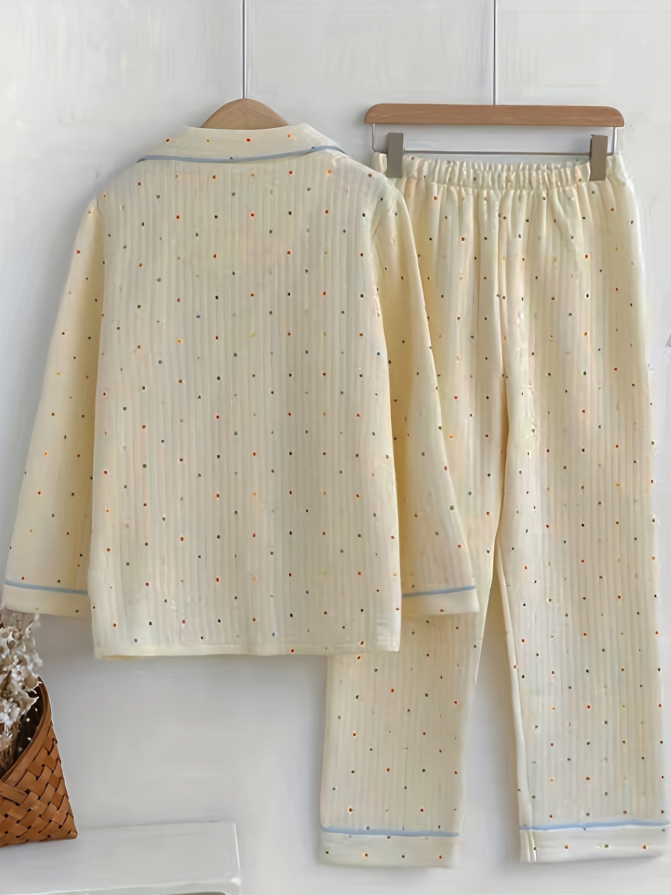 Dot Print Pajama Set Long Sleeve Top & Elastic Waistband Pants
