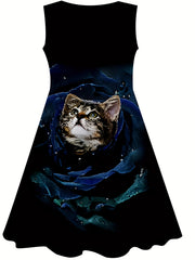 Rose Flower Kitty Print Dress Girls Casual Sleeveless Dresses For Summer Party