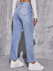 High Waist Distressed Denim Pants Women's Jeans