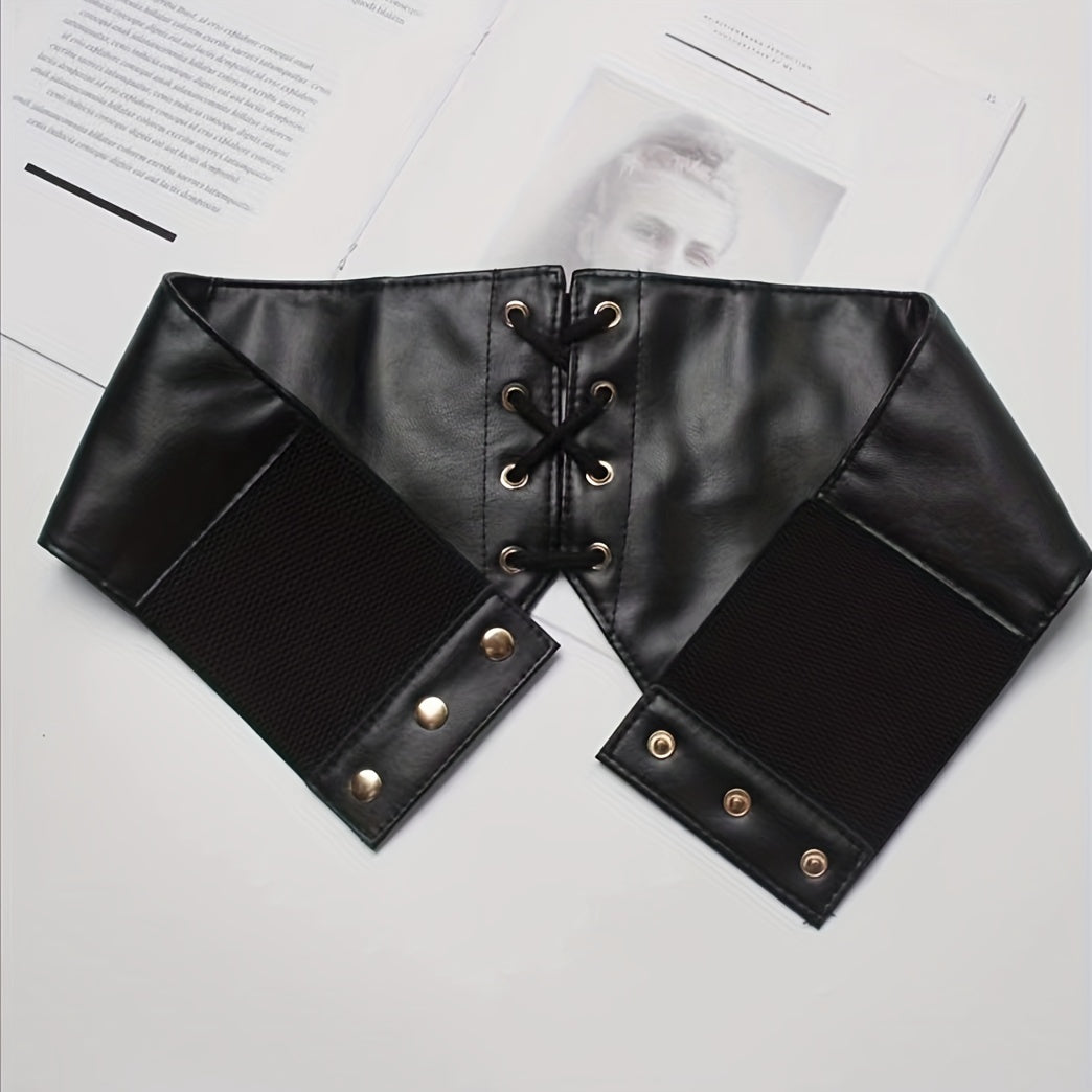 Punk Wide Waist Cinch Belt Bowknot Lace Up Elastic PU Corset Belt