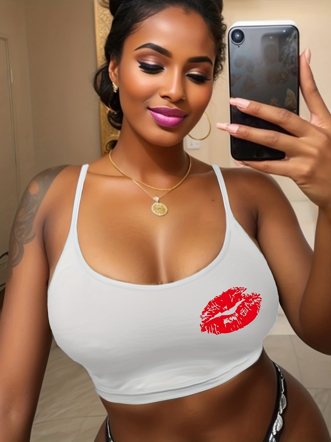 Lips Print Cami Sleep Top Sexy Round Neck Sleeveless Women's Pajamas