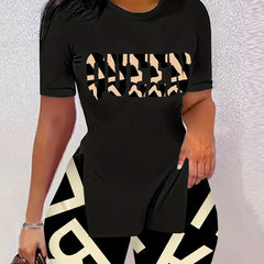 Letter Print 2pc Set Split T-shirt & Biker Shorts Outfits Women's Clothing
