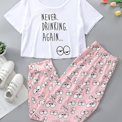 Casual Pajamas Set Women's Plus Tee & Cartoon Eye Print Pants 2pcs