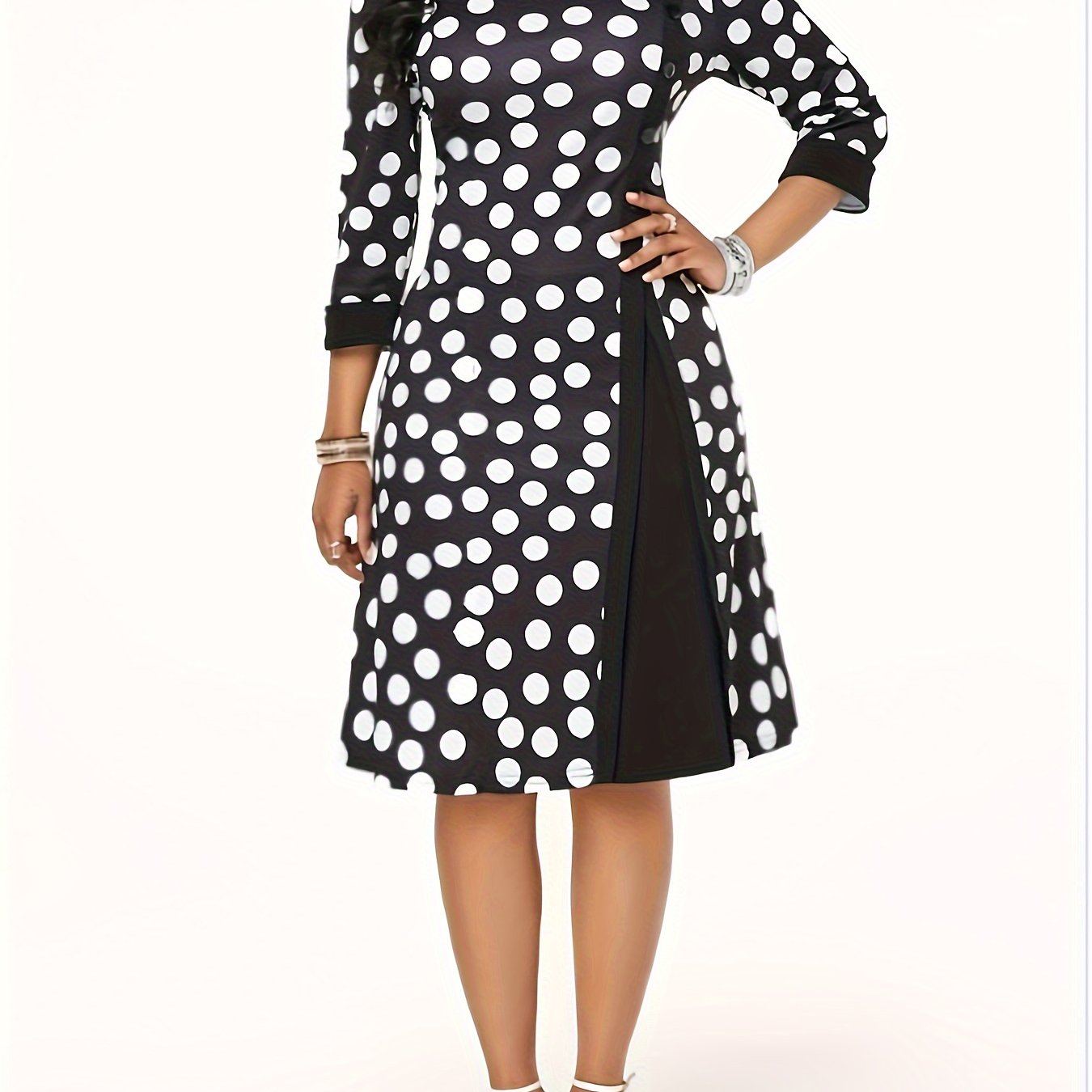 Colorblock Dot Print Round Neck Dress