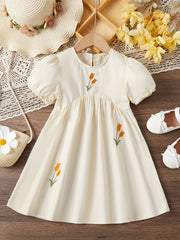 Girls Tulip Flower Embroidered Puff Sleeve Cotton Sweet Casual Dress