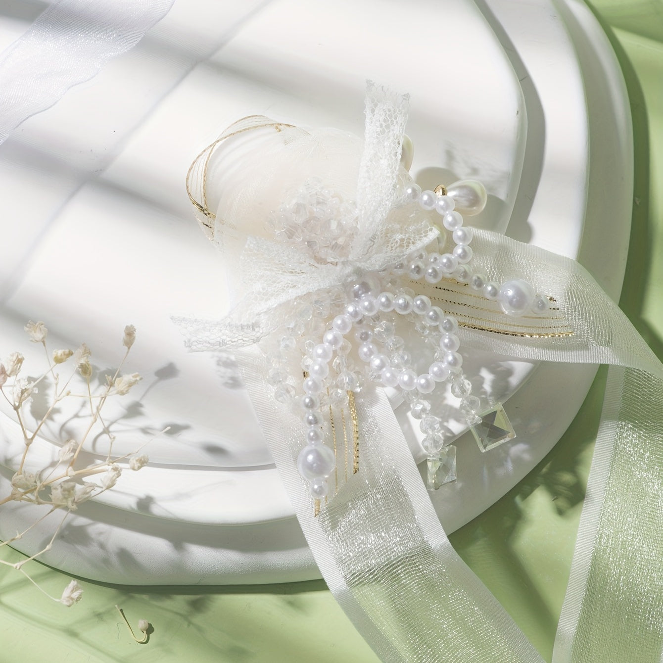 Mesh Bowknot Wristband Faux Pearl Crystal Bridal Wedding Jewelry